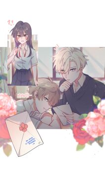 Rule 34 | 1girl, 2boys, ?, ??, absurdres, black hair, black skirt, black sweater, brown hair, closed mouth, commentary, dreamycakesss, eating, english commentary, envelope, grey eyes, hair between eyes, highres, holding, holding envelope, holding letter, letter, long hair, looking at viewer, male focus, multiple boys, notice lines, original, parted bangs, parted lips, shirt, short hair, skirt, sweater, valentine, white hair, white shirt