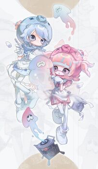 1n0chi 2girls :&lt; apron artist_name blue_dress blue_eyes blue_hair blue_hat blunt_bangs clipboard closed_mouth commentary dress frilled_apron frills full_body gloves hat highres holding holding_clipboard holding_pen holding_stethoscope inkling inkling_girl inkling_player_character multicolored_hair multiple_girls nintendo octoling octoling_girl octoling_player_character octopus_hat open_mouth pantyhose pen pink_dress pink_eyes pink_hair puffy_short_sleeves puffy_sleeves shoes short_hair short_sleeves splatoon_(series) stethoscope stethoscope_around_neck streaked_hair symbol-only_commentary tentacle_hair thighhighs twintails two-tone_hair watermark white_apron white_gloves white_pantyhose white_shoes white_thighhighs