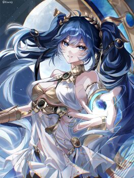 1girl absurdres ahoge ancient_greek_clothes bare_shoulders blue_eyes blue_hair breasts cleavage commentary fingernails full_moon gold_bra gradient_hair greco-roman_clothes hashtag-only_commentary highres iuno_(wuthering_waves) laurel_crown looking_at_viewer medium_breasts moon multicolored_hair orb outstretched_arm parted_lips ray_(36smray) smile solo twintails twitter_username upper_body vambraces wuthering_waves