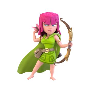 1girl 3d absurdres archer_(clash_of_clans) armlet barefoot belt belt_pouch blue_eyes breasts brown_belt cape clash_of_clans dress full_body gold_armlet green_cape green_dress highres looking_to_the_side medium_breasts non-web_source official_art pink_hair pouch simple_background transparent_background