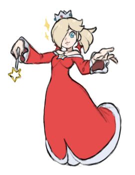 1girl absurdres bare_shoulders blonde_hair blue_eyes brooch closed_mouth commentary crown dress earrings english_commentary eyelashes fire_rosalina grimmelsdathird hair_over_one_eye highres holding holding_wand jewelry long_hair long_sleeves looking_at_viewer mario_(series) nintendo off-shoulder_dress off_shoulder official_alternate_costume official_alternate_hairstyle ponytail red_dress rosalina sketch smile solo star_(symbol) star_brooch star_earrings super_mario_3d_world wand white_background