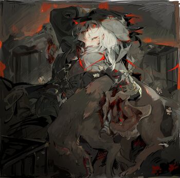 1girl belt black_coat bleeding blood blood_on_clothes blood_on_face bloodborne border coat commentary flower gloves hashtag-only_commentary hat highres holding lady_maria_of_the_astral_clocktower long_hair mk1liaoqian red_eyes solo tricorne white_hair wolf