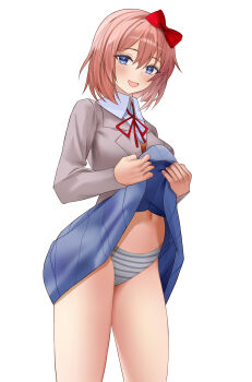 :d arisa_(aris4rt) blazer blue_eyes blue_skirt bow bowtie brown_hair brown_jacket brown_sweater_vest clothes_lift collared_shirt commentary doki_doki_literature_club doki_doki_literature_club_school_uniform dress_shirt english_commentary eyelashes fang feet_out_of_frame from_side grey_panties hair_between_eyes hair_bow highres jacket lifting_own_clothes light_brown_hair looking_at_viewer looking_to_the_side midriff navel neck_ribbon open_mouth panties pantyshot pleated_skirt red_bow red_bowtie red_ribbon ribbon sayori_(doki_doki_literature_club) school_uniform shirt short_hair simple_background skin_fang skirt skirt_lift smile standing striped_clothes striped_panties sweater_vest teasing underwear white_background white_shirt