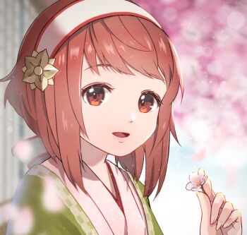 1girl :d artist_request asamishi blurry blurry_background commentary_request fire_emblem fire_emblem_fates flower hairband holding holding_flower japanese_clothes kimono looking_at_viewer nintendo open_mouth red_eyes red_hair sakura_(fire_emblem) short_hair smile solo upper_body white_hairband