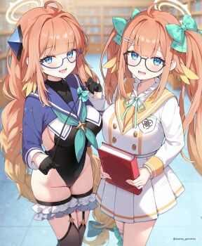 2girls ayamy black_gloves black_leotard black_thighhighs blue_archive blue_eyes commentary_request dual_persona fang glasses gloves half_gloves halo head_wings highres indoors leotard long_hair long_sleeves looking_at_viewer multiple_girls official_alternate_costume official_artist_extra open_mouth orange_hair sailor_collar school_uniform shimiko_(blue_archive) shimiko_(magical)_(blue_archive) shirt skirt smile thighhighs very_long_hair white_shirt white_skirt white_thighhighs wings