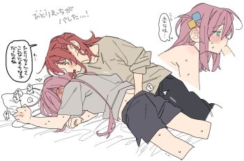 1futa 1girl bocchi_the_rock! dayama fellatio fingering futanari gotoh_hitori highres japanese_text kita_ikuyo oral pink_hair red_hair sweat