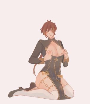 1boy anku7u black_dress blush breasts breasts_out china_dress chinese_clothes dress genshin_impact highres lactation male_lactation mandarin_collar nipples solo solo_focus thighs white_background zhongli_(genshin_impact)