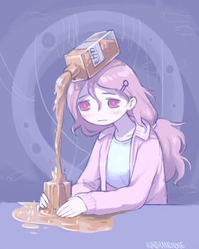 1girl alcohol artist_name blush breasts cup hair_ornament hair_tie hashtag-only_commentary holding holding_cup indoors kurohanenone large_breasts long_hair low_ponytail mogawa_(shimeji_simulation) object_on_head overflowing pink_eyes pink_hair pink_sweater ponytail pouring puddle shimeji_simulation shirt spilling sweater wavy_hair white_shirt