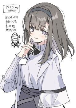 1girl arknights black_hairband blush bright_pupils brown_hair character_name chibi chibi_inset closed_mouth doctor_(arknights) english_text finger_to_cheek hairband highres initial jacket korean_text long_sleeves looking_at_viewer medium_hair open_clothes open_jacket priestess_(arknights) purple_eyes simple_background smile solo split_mouth sweater syst098 translation_request turtleneck turtleneck_sweater white_background white_jacket white_pupils white_sweater