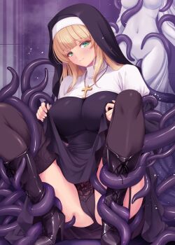 Rule 34 | 2girls, black boots, black panties, black thighhighs, blonde hair, blush, boots, breasts, cameltoe, clothes lift, commentary request, cross, cross necklace, dress, dress lift, green eyes, high heel boots, high heels, jewelry, kirishima satoshi, lace, lace panties, large breasts, multiple girls, necklace, nun, original, panties, squatting, tentacles, thighhighs, underwear