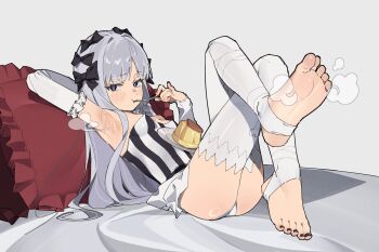 Rule 34 | 1girl, armpits, ass, black bow, blush, bow, closed mouth, commentary request, crossed legs, detached sleeves, eating, eflo (794753336), fate/strange fake, fate (series), feet, food, foot focus, francesca prelati (fate), frills, full body, grey background, grey eyes, hair bow, highres, holding, holding spoon, legs, long hair, miniskirt, nail polish, no shoes, panties, pillow, plate, presenting foot, pudding, simple background, skirt, smell, soles, solo, spoon, steaming body, stirrup legwear, strapless, toeless legwear, toenail polish, toenails, toes, underwear, very long hair, white panties