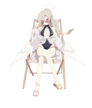 1girl absurdres adjusting_eyewear angel_wings black_one-piece_swimsuit blue_archive book breasts breasts_apart brown_eyes brown_hair closed_mouth crossed_legs feathered_wings full_body halo halterneck highres holding holding_book large_breasts long_hair looking_at_viewer low_wings nagisa_(blue_archive) nagisa_(swimsuit)_(blue_archive) official_alternate_costume official_alternate_hairstyle official_art one-piece_swimsuit open_book ponytail sandals simple_background sitting smile solo sunglasses swimsuit tachi-e transparent_background white_wings wings