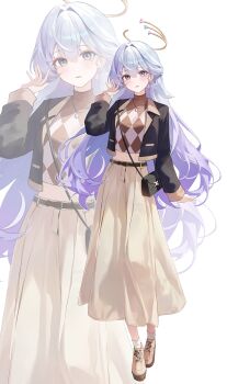 1girl absurdres alternate_costume aqua_eyes bag black_bag black_jacket blue_hair brown_shoes brown_skirt commentary_request face_jewel full_body halo hand_up highres honkai:_star_rail honkai_(series) jacket jewel_under_eye jewelry long_hair long_skirt long_sleeves necklace open_clothes open_jacket parted_lips robin_(honkai:_star_rail) seina_106 shoes shoulder_bag simple_background skirt socks solo standing sweater very_long_hair white_background white_socks zoom_layer