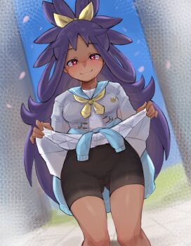 1girl :3 absurdres artsheops blazer blush cameltoe cherry_blossoms clothes_lift commentary dark-skinned_female dark_skin english_commentary heart heart-shaped_pupils highres hoodie_around_waist iris_(academy)_(pokemon) iris_(pokemon) jacket long_hair looking_at_viewer nintendo official_alternate_costume outdoors pokemon pokemon_masters_ex purple_hair red_eyes school_uniform shorts skirt skirt_lift sky smile solo symbol-shaped_pupils
