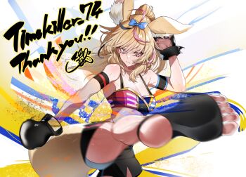 1girl absurdres adapted_costume animal_ear_fluff animal_ears armband bare_shoulders black_hair black_shorts blonde_hair blue_bow blue_nails blurry blurry_foreground bow boxing_gloves breasts closed_mouth commission dolphin_shorts eyelashes eyeliner feet fennec_fox foot_out_of_frame foreshortening fox_ears fox_girl fox_tail gold_trim hair_between_eyes hair_bow high_kick highres hololive kickboxing kicking long_hair makeup mark_under_eye medium_breasts multicolored_hair no_shoes omaru_polka pink_hair playing_card_theme purple_eyes shorts signature skeb_commission soles solo sports_bra standing standing_on_one_leg stirrup_legwear streaked_hair sui_hi_sf sweat sweatdrop tail toeless_legwear toes virtual_youtuber