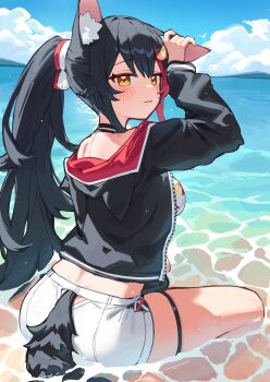 1girl :3 absurdres animal_ears arm_up beach bikini black_choker black_hair black_jacket blue_sky choker closed_mouth clothing_cutout cloud commentary day deaver flipped_hair hair_ornament hairclip highres holding_own_ears hololive hood hooded_jacket jacket leaf_print long_hair looking_at_viewer multicolored_hair ocean official_alternate_costume official_alternate_hairstyle ookami_mio ookami_mio_(hololive_summer_2019) outdoors ponytail print_bikini red_streaks short_shorts shorts sidelocks single_hair_streak sitting sky solo streaked_hair swimsuit tail tail_through_clothes thigh_strap two-sided_fabric two-sided_jacket very_long_hair virtual_youtuber white_bikini white_shorts wolf_ears wolf_girl wolf_tail yellow_eyes