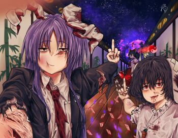 +_+ angry animal_ears architecture ascot bandages black_hair blazer bleeding blood blood_on_face bow carrot carrot_necklace crescent_moon danmaku detached_sleeves dress east_asian_architecture eientei frilled_bow frilled_hair_tubes frills gohei hair_between_eyes hair_bow hair_tubes hakurei_reimu highres imperishable_night inaba_tewi injury jacket jewelry long_hair middle_finger moon multiple_girls necklace necktie night ofuda open_mouth pink_skirt purple_hair rabbit_ears rabbit_girl red_bow red_eyes red_necktie red_skirt reisen_udongein_inaba ribbon-trimmed_sleeves ribbon_trim selfie short_hair skirt sky smile torn_clothes touhou yakumo_ran yellow_ascot yin_yang yukine_0930