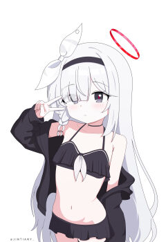 1girl :&lt; absurdres alternate_costume arm_at_side arm_up bikini bikini_skirt black_bikini black_choker black_hairband black_jacket black_skirt blue_archive bow braid chinese_commentary choker closed_mouth commentary_request cowboy_shot duochichufanghuashengmi expressionless eyes_visible_through_hair flat_chest flipped_bangs grey_eyes hair_bow hair_over_one_eye hairband halo halterneck highres jacket jacket_partially_removed light_blush long_bangs long_hair microskirt navel neckerchief off_shoulder one_eye_covered open_clothes open_jacket partial_commentary plana_(blue_archive) red_halo red_pupils ring_hair_ornament side_braid simple_background skirt standing stomach straight_hair swimsuit twitter_username v v_over_eye variant_set very_long_hair white_background white_bow white_hair white_neckerchief