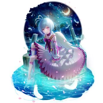 1girl antenna_hair artist_request bare_shoulders bird_girl bird_wings blonde_hair boots bow chest_bow child choker closed_mouth cloud cloudy_sky collarbone colored_tips crescent_moon detached_sleeves dress falling_feathers feathered_wings feathers fitoria_(tate_no_yuusha_no_nariagari) frilled_dress frilled_sleeves frills from_side full_body game_cg gradient_clothes gradient_dress grey_hair knee_boots layered_dress leg_up light_particles long_dress long_sleeves looking_at_viewer looking_to_the_side moon multicolored_boots multicolored_hair night night_sky official_art pink_boots pink_bow pink_choker pink_dress pink_eyes ruins short_hair simple_background sky smile soaking_feet solo tate_no_yuusha_no_nariagari tate_no_yuusha_no_nariagari_rerise transparent_background tree two-tone_boots water white_boots white_dress white_sleeves white_wings wings