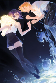 Rule 34 | 1784632701, 1boy, 1girl, absurdres, air bubble, black pants, black ribbon, black shorts, black thighhighs, bouquet, brown eyes, bubble, chainsaw man, commentary, flower, green eyes, grenade pin, highres, holding, holding bouquet, neck ribbon, orange hair, pants, purple hair, reze (chainsaw man), ribbon, shirt, short hair, short shorts, shorts, signature, sleeveless, sleeveless shirt, sleeves rolled up, thighhighs, white flower, white shirt