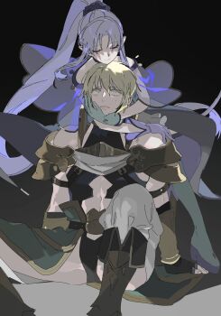 1boy 1girl arm_support armlet armor asymmetrical_footwear asymmetrical_gloves bare_shoulders black_background black_boots black_gloves black_leotard blonde_hair boots capelet chaps closed_eyes closed_mouth clothing_cutout dress fate/grand_order fate_(series) fingerless_gloves gloves green_boots green_eyes green_gloves hair_between_eyes hair_ornament hair_scrunchie hand_on_another&#039;s_face hetero high_ponytail highres hug hug_from_behind husband_and_wife jason_(fate) jewelry knee_up leotard light_smile linea_alba long_hair looking_at_another looking_up medea_(fate) medea_lily_(fate) mismatched_footwear mismatched_gloves off-shoulder_capelet parted_bangs parted_lips pointy_ears ponytail purple_boots purple_gloves purple_hair purple_scrunchie scared scrunchie see-through_capelet see-through_clothes short_hair shoulder_armor sidelocks simple_background sitting stomach_cutout sweat tetota_tettou thigh_boots vambraces waist_cape white_dress