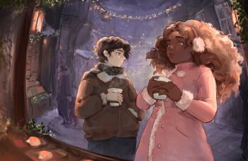 1boy 1girl :o black_eyes black_hair black_scarf brother_and_sister brown_hair brown_jacket commentary cowboy_shot cup curly_hair dark-skinned_female dark_skin dress earmuffs english_commentary fur_trim hand_in_pocket hazel_levesque highres holding holding_cup itsis0k jacket looking_to_the_side nico_di_angelo outdoors parted_lips people percy_jackson_and_the_olympians pink_dress pov scarf short_hair siblings steaming_cup window_shopping winter yellow_eyes