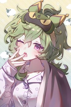 1girl blanket collei_(genshin_impact) commentary genshin_impact green_hair green_mask h_ae_rang highres long_hair mask mask_on_head one_eye_closed open_mouth pajamas purple_eyes sheep sleep_mask solo symbol-only_commentary upper_body yawning