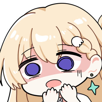 1girl blonde_hair commentary earrings hair_ornament hands_up highres jewelry long_hair looking_at_viewer lynae_(wuthering_waves) no_pupils open_mouth portrait shaded_face simple_background skull_hair_ornament solo star_(symbol) star_earrings sticker_(medium) twomoon white_background wuthering_waves