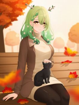 Rule 34 | 1girl, absurdres, alternate costume, animal, antlers, autumn leaves, bench, black pantyhose, blurry, blurry background, blurry foreground, breasts, brown jacket, cat, ceres fauna, closed mouth, commentary, cowboy shot, double-parted bangs, drey525, english commentary, flower, green hair, hair between eyes, hair flower, hair ornament, highres, hololive, hololive english, horns, jacket, large breasts, leaf, long hair, long sleeves, looking at viewer, mole, mole under eye, on bench, outdoors, pantyhose, petting, sitting, smile, solo, sweater, virtual youtuber, wooden bench, yellow eyes, yellow sweater
