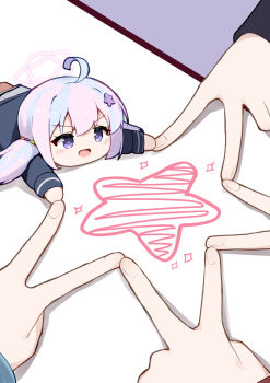 1girl 4others :d ahoge beads black_neckerchief blue_archive blue_hair chibi hair_beads hair_ornament halo highres long_hair long_sleeves lying multicolored_hair multiple_others neckerchief on_stomach open_mouth photo-referenced pink_hair pink_halo purple_eyes reisa_(blue_archive) school_uniform se-u-ra smile star_(symbol) star_hair_ornament star_halo star_hands twintails two-tone_hair v-shaped_eyebrows