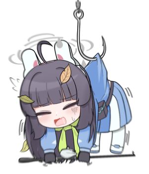 1girl animal_ears black_gloves blue_archive blue_shirt blue_skirt blunt_bangs chanmul9740 chibi chibi_only closed_eyes fake_animal_ears fang fishing_rod flying_sweatdrops gloves green_neckerchief grey_hair grey_halo hair_ornament halo holding holding_fishing_rod hook leaf leaf_hair_ornament leaf_on_head long_sleeves miyu_(blue_archive) neckerchief open_mouth pantyhose rabbit_ears screaming shirt simple_background skin_fang skirt small_sweatdrop solo stuck white_background white_pantyhose