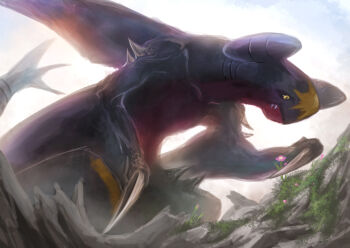 Rule 34 | black sclera, colored sclera, commentary request, flower, garchomp, gen 4 pokemon, leg spikes, looking at object, nintendo, pokemon, pokemon (creature), shoulder spikes, solo, spikes, tail, teeth, yellow eyes, yorujisa yuuto