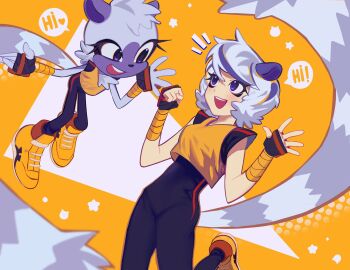 2girls :d black_bodysuit bodysuit breasts commentary dual_persona english_commentary english_text eye_contact furry furry_and_humanization furry_female grey_hair halftone heart highres hin_9652 humanization lemur_ears lemur_girl lemur_tail long_tail looking_at_another multiple_girls notice_lines open_mouth petite purple_eyes shoes short_hair simple_background small_breasts smile sneakers sonic_(series) sonic_the_hedgehog_(idw) speech_bubble tail tangle_the_lemur tank_top waving yellow_background yellow_shoes yellow_tank_top