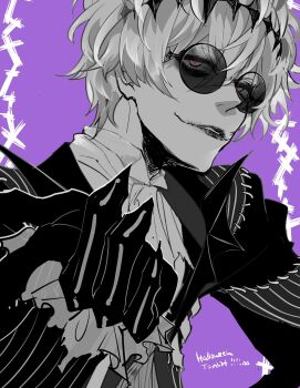 1boy ascot bags_under_eyes coat diamond_hairband facepaint hand_up highres lipstick looking_at_viewer makeup male_focus parted_lips patchwork_clothes purple_background rakugakityou02 red_eyes round_eyewear short_hair simple_background skully_j._graves solo spot_color sunglasses twisted_wonderland upper_body