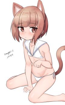 1girl absurdres animal_ears bikini brown_eyes brown_hair cat_ears cat_tail collarbone dated flat_chest highres kantai_collection looking_at_viewer lowleg lowleg_bikini maru_(marg0613) one-hour_drawing_challenge paw_pose sailor_bikini sailor_collar short_hair side-tie_bikini_bottom simple_background sitting solo swimsuit tail twitter_username wariza white_background white_bikini white_sailor_collar z3_max_schultz_(kancolle) z3_max_schultz_(swimsuit)_(kancolle)