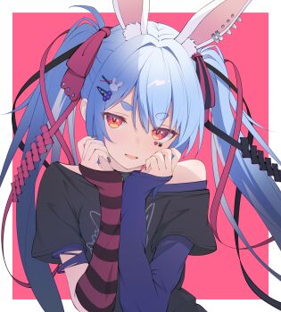 1girl absurdres animal_ear_piercing animal_ears black_ribbon black_shirt blue_hair blue_shirt border commentary_request facial_mark grey_nails hair_ribbon heart heart_facial_mark highres hololive maccaron61 nail_polish off_shoulder open_mouth pink_background pink_ribbon rabbit_ears red_arm_warmers red_eyes ribbon shirt simple_background smile solo striped_arm_warmers thick_eyebrows torn_sleeve twintails undershirt upper_body usada_pekora usada_pekora_(11th_costume) virtual_youtuber white_background