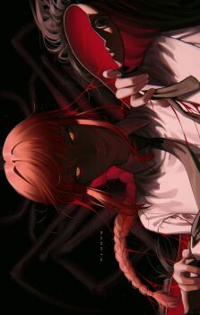 Rule 34 | 1girl, absurdres, artist name, bisected, black necktie, braid, braided ponytail, chainsaw man, collared shirt, dark, dark background, eyes in shadow, highres, looking at viewer, makima (chainsaw man), medium hair, necktie, nthndn, princi (chainsaw man), red hair, ringed eyes, shirt, sidelocks, sideways, smile, solo, white shirt, yellow eyes