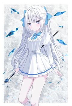1girl :&lt; absurdres blue_bow blue_bowtie blue_eyes blue_nails blunt_bangs blush border bow bowtie breasts chinese_commentary closed_mouth commentary cross cryokinesis dress feet_out_of_frame fingernails frown hair_bow hair_intakes hair_ornament highres holding holding_staff iris37337 juliet_sleeves kneehighs latin_cross long_fingernails long_hair long_sleeves looking_at_viewer original outside_border pleated_dress puffy_sleeves short_dress snowflake_hair_ornament socks solo staff standing standing_on_one_leg twitter_username very_long_hair white_border white_dress white_hair white_socks