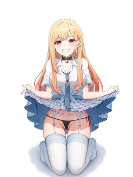 Rule 34 | 1girl, :d, absurdres, black choker, black panties, blonde hair, blue necktie, blue skirt, blush, breasts, choker, clothes lift, collarbone, collared shirt, commentary, earrings, eyelashes, eyes visible through hair, full body, garter belt, garter straps, gluteal fold, gradient hair, grin, groin, gyaru, hair behind ear, hands up, highres, illisimonin, jewelry, kitagawa marin, kneeling, large breasts, lifting own clothes, long hair, looking at viewer, multicolored hair, nail polish, necktie, no shoes, open mouth, orange hair, panties, partially visible vulva, pink nails, plaid clothes, plaid skirt, pleated skirt, presenting, red eyes, shadow, shirt, short sleeves, side-tie panties, sidelocks, simple background, skindentation, skirt, skirt lift, smile, solo, sono bisque doll wa koi wo suru, sparkling eyes, straight hair, stud earrings, swept bangs, thigh gap, thighhighs, thighs, tsurime, underwear, white background, white garter belt, white shirt, white thighhighs