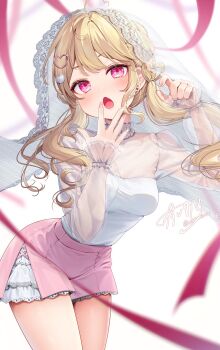 1girl blonde_hair cowboy_shot double-parted_bangs ear_piercing fang hair_ornament hand_up heart heart_hair_ornament highres lace lace_veil leaning_forward long_hair looking_at_viewer miniskirt multicolored_nails open_mouth original piercing pink_skirt red_eyes shirt simple_background skirt solo twintails usushio white_background white_shirt