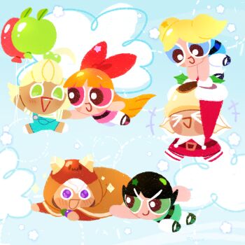 Rule 34 | > <, 1boy, 4girls, apple balloon, balloon, black hair, blonde hair, blossom cookie, blue eyes, bow, bubbles cookie, buttercup cookie, cloud, commentary request, cookie run, cookie run: ovenbreak, flying, green eyes, hair bow, highres, multiple girls, open mouth, orange hair, pancake cookie, powerpuff girls, pudding cookie, purple eyes, short hair, short twintails, thai commentary, twintails, yummybunny777