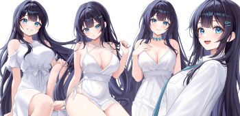 1girl absurdres bare_arms bare_shoulders bibixart black_hair blue_eyes blue_necktie breast_pocket breasts cleavage closed_mouth clothing_cutout collared_shirt colored_inner_hair commentary commission criss-cross_halter dress earrings english_commentary grin hair_ornament hairclip halterneck hand_on_own_knee highres indie_virtual_youtuber jewelry knee_up large_breasts long_hair looking_at_viewer multi-strapped_dress multicolored_hair multiple_views necktie open_mouth parted_lips pocket shirt short_sleeves shoulder_cutout side-tie_peek side_slit simple_background sleeveless sleeveless_dress smile spaghetti_strap thighs very_long_hair virtual_youtuber white_background white_dress white_shirt