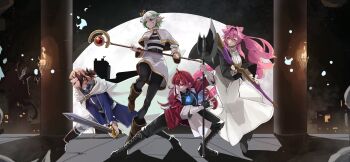 4girls absurdres axe bandaged_arm bandaged_hand bandages battle_axe black_boots black_coat black_gloves black_pants black_pantyhose blue_fire blue_hair blue_tunic boots brown_boots brown_hair capelet cecilia_immergreen cloak coat colored_inner_hair commentary cosplay dress elizabeth_rose_bloodflame english_commentary fern_(sousou_no_frieren) fern_(sousou_no_frieren)_(cosplay) fire fire_on_chest frieren frieren_(cosplay) gigi_murin gloves gold_trim green_eyes green_hair highres himmel_(sousou_no_frieren) himmel_(sousou_no_frieren)_(cosplay) holding holding_axe holding_staff holding_sword holding_weapon holojustice hololive hololive_english jacket long_hair long_pointy_ears long_sleeves looking_to_the_side mage_staff multicolored_hair multiple_girls open_clothes open_coat pants pantyhose pillar pink_hair pointy_ears raora_panthera red_eyes red_hair red_jacket rikuje scone shirt short_hair single_glove skirt sousou_no_frieren staff stark_(sousou_no_frieren) stark_(sousou_no_frieren)_(cosplay) striped_clothes striped_shirt sword tunic two-tone_hair virtual_youtuber weapon white_capelet white_cloak white_dress white_hair white_pants white_skirt winding_key wrist_wrap yellow_eyes