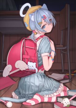 1girl absurdres animal_ears backpack bag blue_eyes blue_hair blue_serafuku blue_shirt blue_skirt book bracelet cat_ears cat_girl cat_tail chair desk hair_between_eyes hair_ornament hairclip halo hat heisei_retro highres holding_strap jewelry naruto_maki_(naruto05) night original pink_thighhighs pleated_skirt randoseru school school_chair school_desk school_uniform serafuku shirt short_eyebrows short_hair skirt striped_clothes striped_thighhighs tail thighhighs white_thighhighs yellow_hat