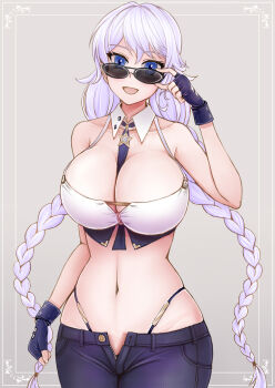 1girl adjusting_eyewear adjusting_glasses avrora_(azur_lane) avrora_(not_cut_out_for_this?)_(azur_lane) azur_lane bare_shoulders between_breasts blue_eyes blush braid breasts cleavage collarbone detached_collar female_focus fingerless_gloves gloves grey_background hair_between_eyes highres large_breasts long_hair looking_at_viewer looking_over_eyewear looking_over_glasses navel necktie necktie_between_breasts open_mouth pants purple_hair sai-go simple_background skindentation smile solo sunglasses tagme thong tinted_eyewear unzipped upper_body