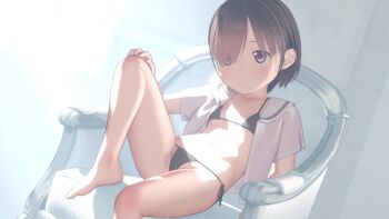 1girl 3d armchair bikini black_bikini black_hair blush chair custom_udon expressionless highres loli looking_at_viewer open_clothes open_shirt original purple_eyes sailor_collar short_hair side-tie_bikini_bottom sidelighting sitting solo swimsuit