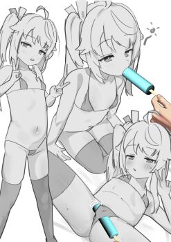 1girl 1other 3d absurdres ahoge asymmetrical_bangs bikini blue_archive blush crotch_rub fellatio flat_chest food greyscale half-closed_eyes highres holding holding_food holding_popsicle loli micro_bikini monochrome natsu_(blue_archive) navel oral popsicle side_ponytail simple_background simulated_fellatio solo spread_legs standing swimsuit thighhighs triangle_mouth v yonketa