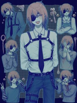 1boy :d arm_warmers arms_behind_back belt belt_buckle black_arm_warmers black_belt black_necktie blue_pants brown_eyes buckle character_request chest_harness closed_eyes collared_shirt copyright_request cowboy_shot disembodied_hand eyepatch facing_viewer grey_shirt gun handgun harness heart_wand holding_limb male_focus multiple_views necktie nmnr_ut open_mouth pants red_hair shirt short_hair smile striped_arm_warmers weapon white_shirt