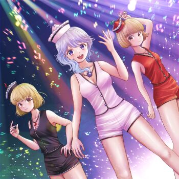 3girls alternate_costume black_hat black_shorts black_vest blonde_hair blue_hair breasts brown_hair cleavage commentary_request hat highres jewelry kyabekko long_hair looking_at_viewer lunasa_prismriver lyrica_prismriver medium_breasts merlin_prismriver multiple_girls necklace pendant pink_hat pink_shorts pink_vest purple_eyes red_hat red_shorts red_vest short_hair shorts siblings sisters touhou vest
