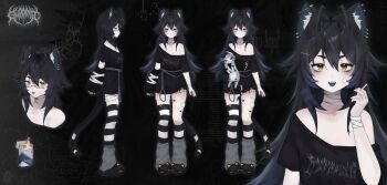 1girl absurdres ahoge animal_ears bandages belethmeku black_hair blue_hair cat_ears cat_girl cat_tail cigarette double-parted_bangs gloomi_x highres indie_virtual_youtuber long_hair multicolored_hair noose official_art reference_sheet rope shirt slippers striped_clothes striped_thighhighs t-shirt tail thighhighs two-tone_hair virtual_youtuber yellow_eyes